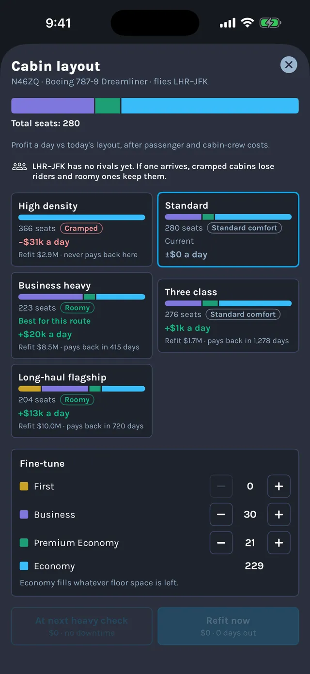 Cabin layout options for a Boeing 787-9, from high density to long-haul flagship, with profit a day for each