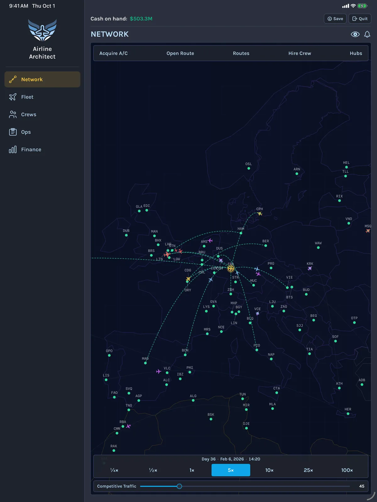 Airline Architect on iPad: the route network map over Europe beside the sidebar navigation