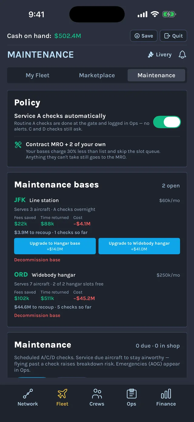 Maintenance screen with a line station at JFK, a widebody hangar at Chicago O'Hare and the check policy