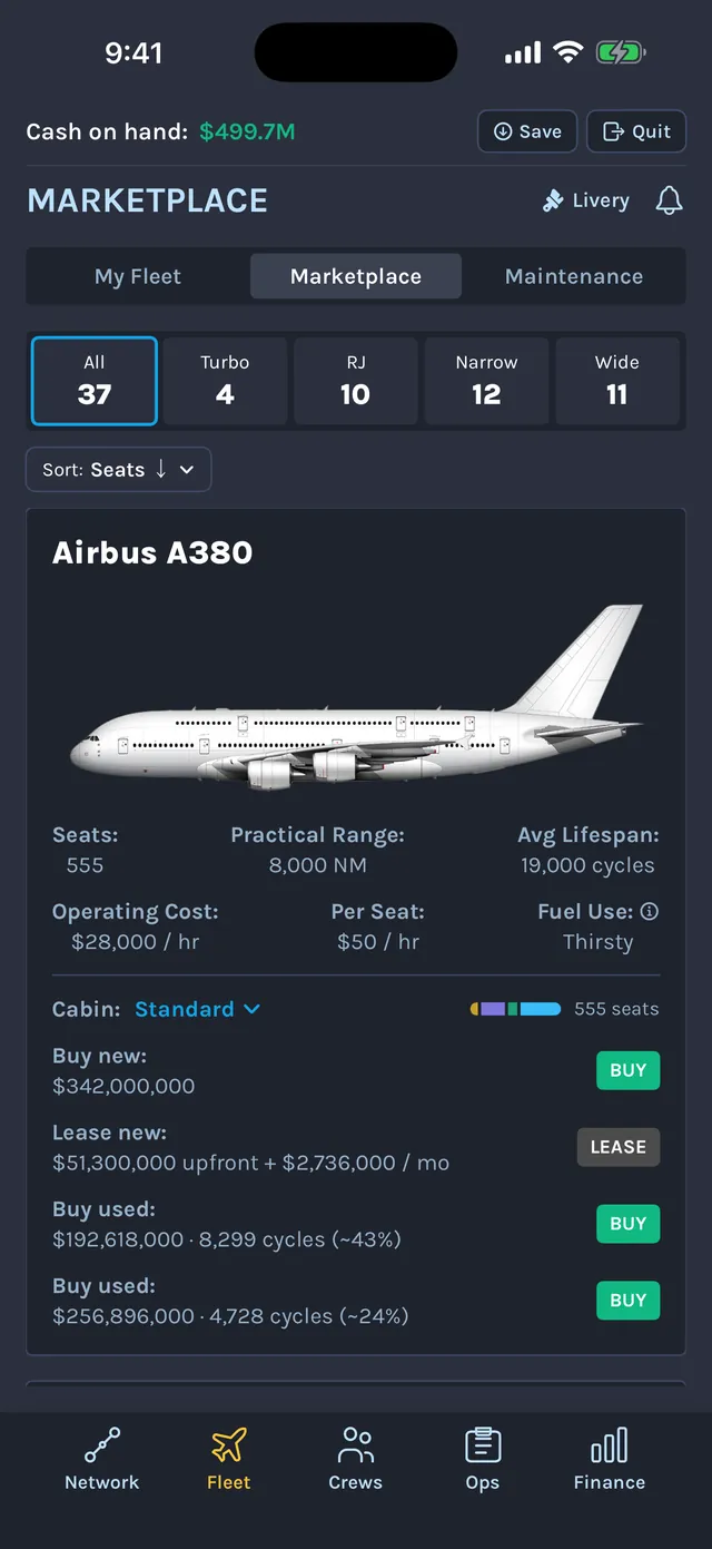 Aircraft marketplace showing the Airbus A380 with seats, range, operating cost, and buy, lease and used prices