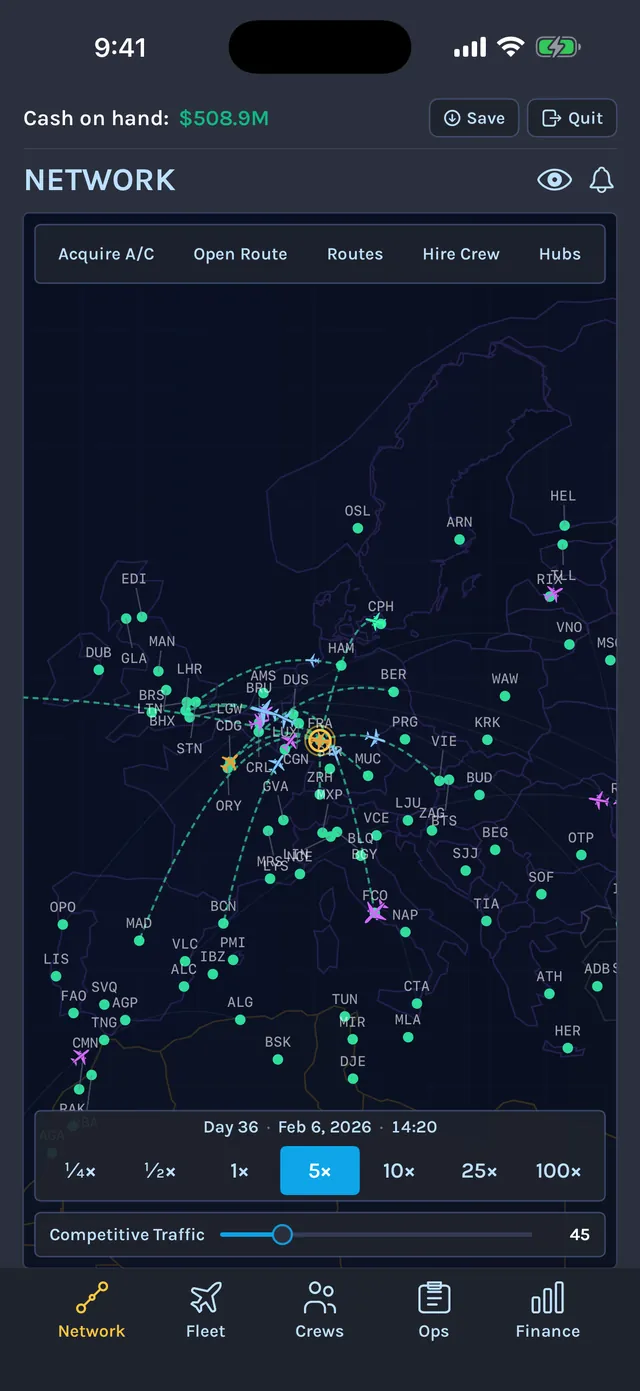 Airline Architect route network map over Europe, with flight paths between airports and the time-speed controls