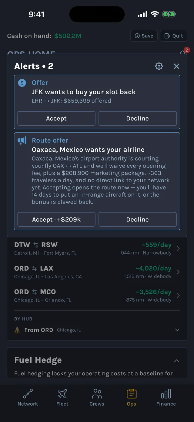 Alerts panel with an airport's route offer, a slot buyback offer and loss-making routes to review