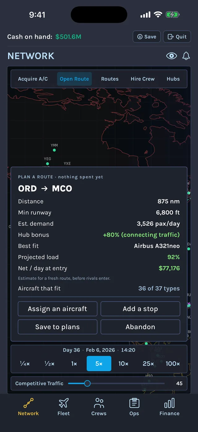 Route planner for Chicago O'Hare to Orlando showing distance, runway, demand, an 80% hub bonus, projected load and net profit a day