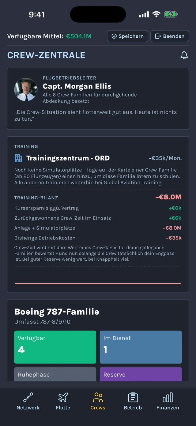 Crew-Zentrale mit dem Flugbetriebsleiter, einem Trainingszentrum in Chicago O'Hare und der Verfügbarkeit der Crews für die Boeing-787-Familie