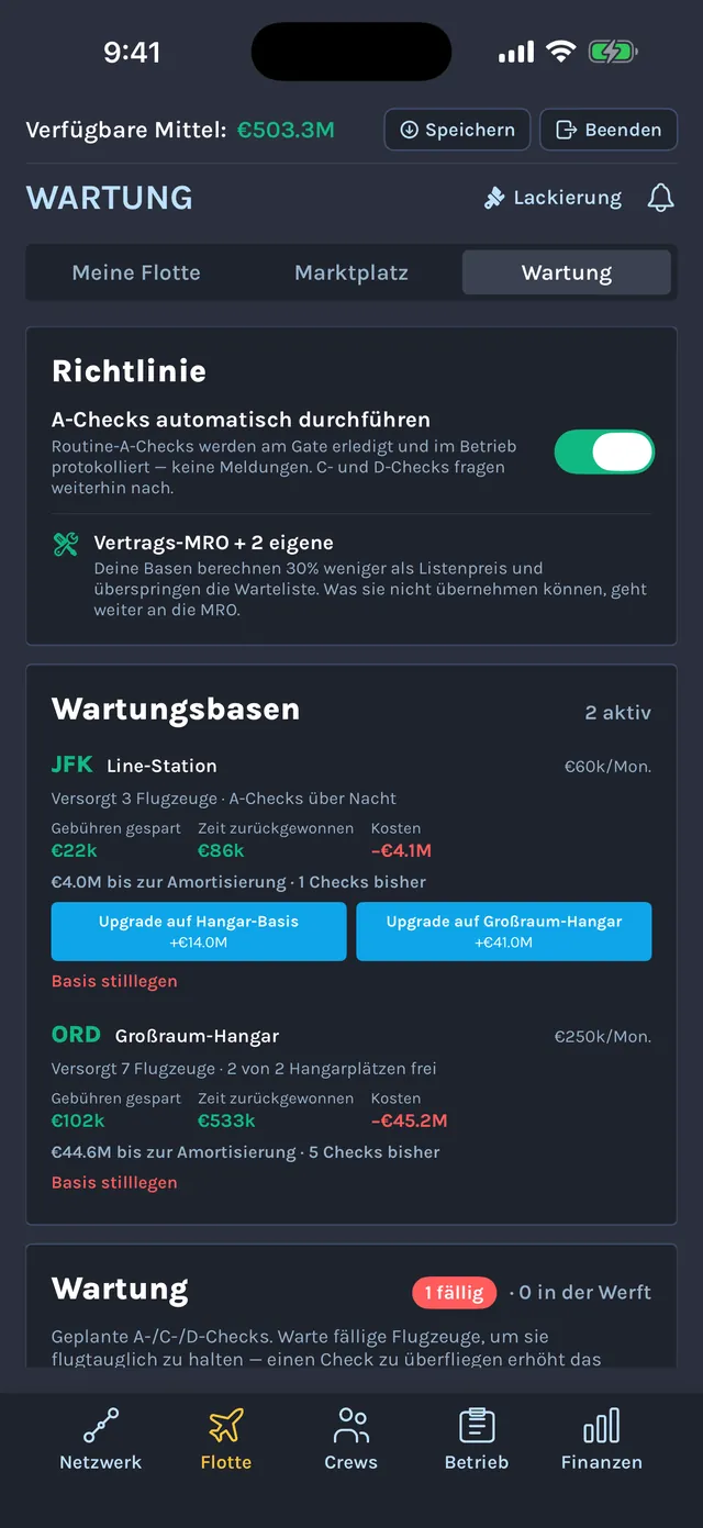 Wartungsansicht mit einer Line-Station in JFK, einem Großraum-Hangar in Chicago O'Hare und der Option, A-Checks automatisch durchzuführen