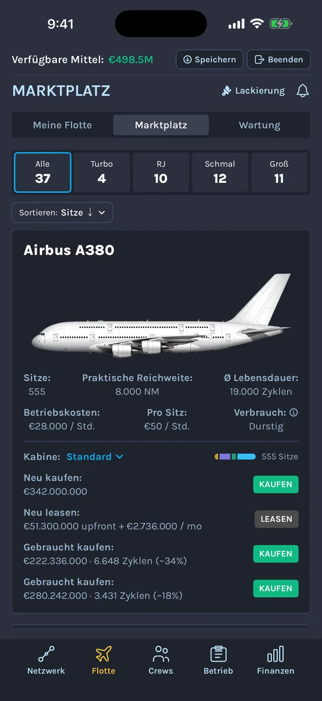 Marktplatz mit dem Airbus A380: 555 Sitze, 8.000 NM Reichweite, Betriebskosten sowie Preise für Neukauf, Leasing und Gebrauchtkauf
