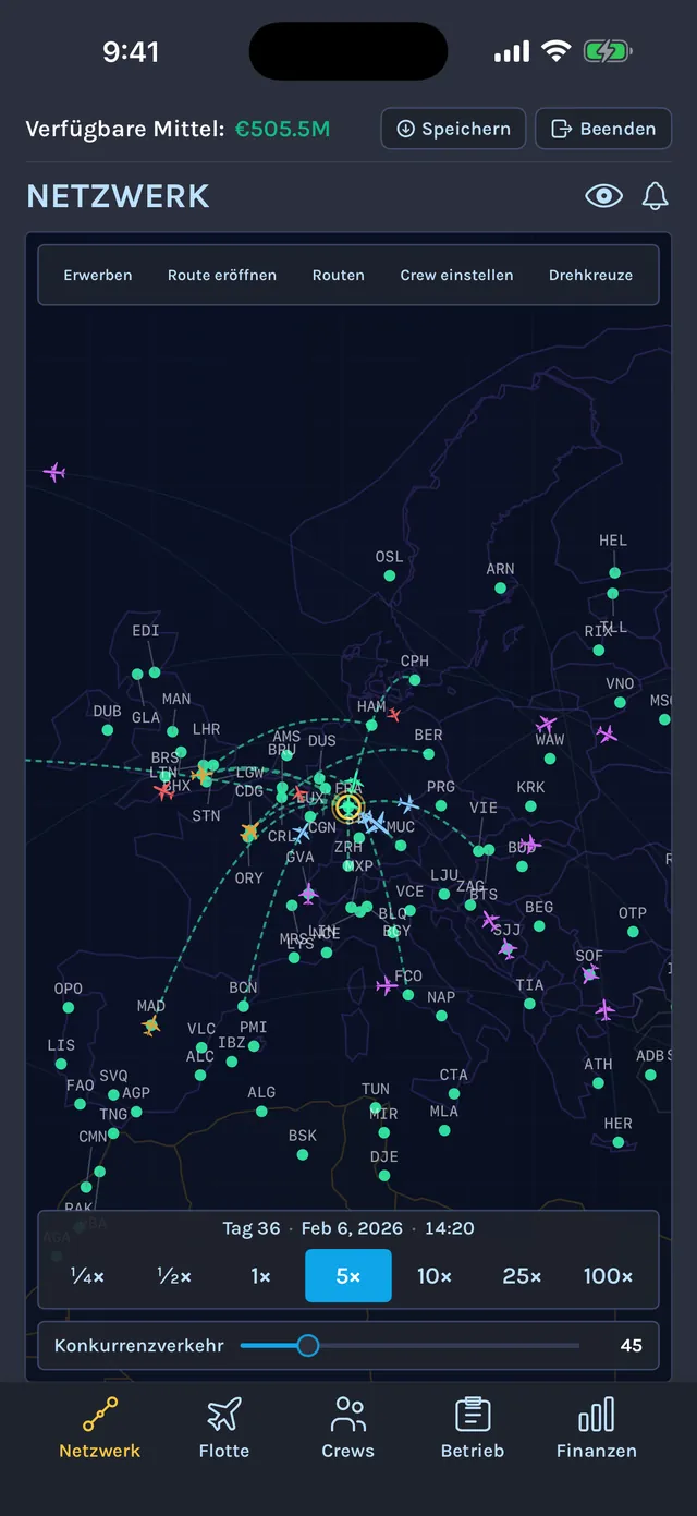 Streckenkarte von Airline Architect über Europa mit Flugrouten rund um das Drehkreuz Frankfurt und den Zeitstufen von ¼× bis 100×