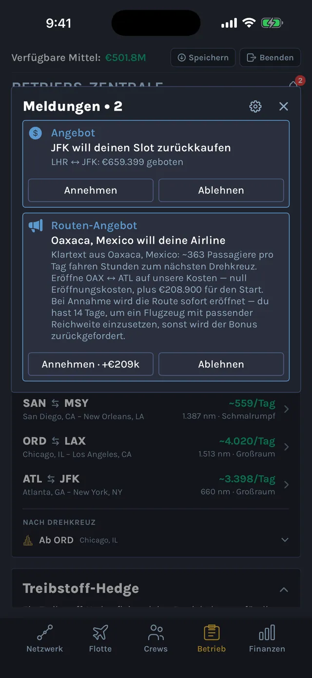 Meldungen mit dem Angebot von JFK, einen Slot zurückzukaufen, und einem Routen-Angebot aus Oaxaca in Mexiko, dahinter die Routenliste der Betriebs-Zentrale