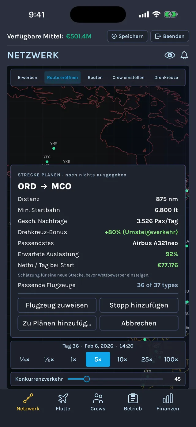Streckenplaner für Chicago O'Hare nach Orlando mit Distanz, Startbahn, Nachfrage, einem Drehkreuz-Bonus von 80 %, erwarteter Auslastung und Nettogewinn pro Tag