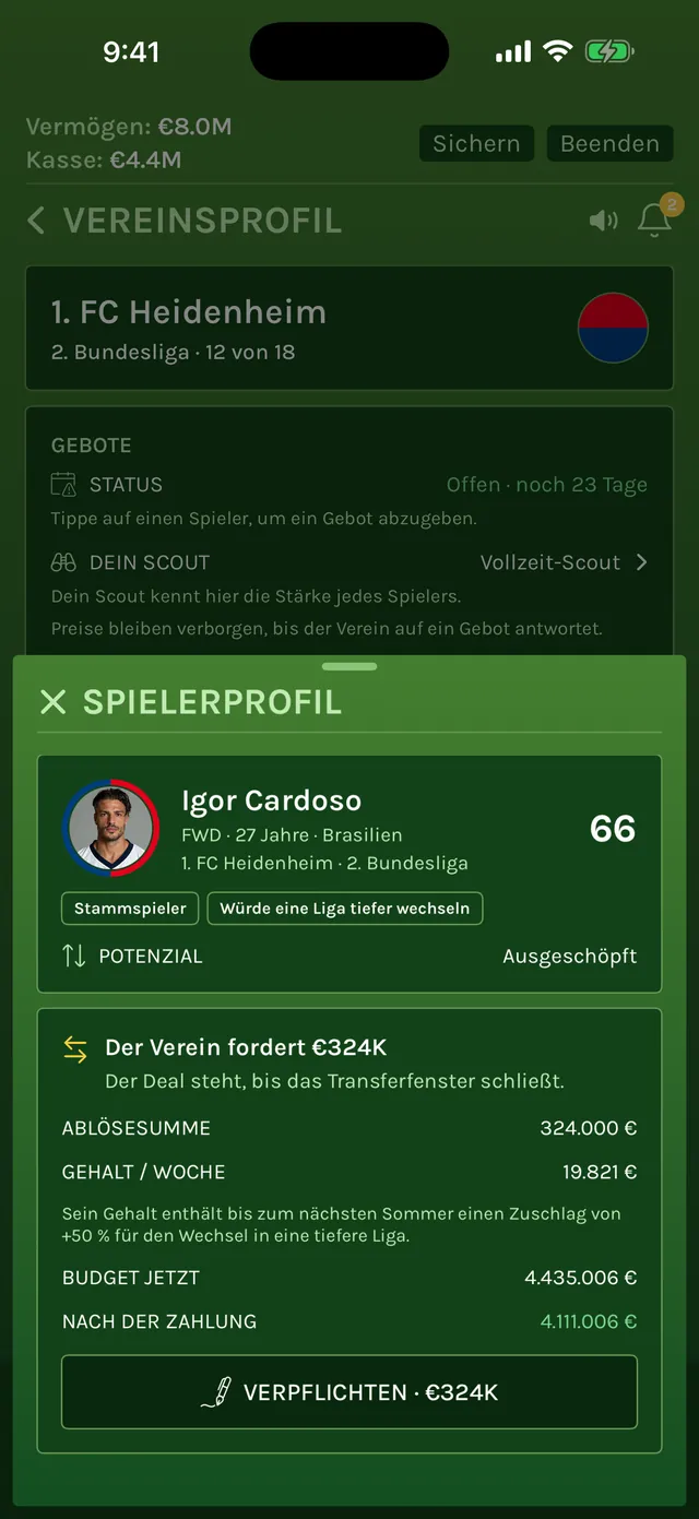 Spielerprofil eines 27-jährigen Stürmers des 1. FC Heidenheim mit Stärke 66, markiert als Stammspieler, der eine Liga tiefer wechseln würde: Der Verein fordert 324.000 € Ablöse, darunter stehen Gehalt pro Woche, Budget nach der Zahlung und die Schaltfläche Verpflichten
