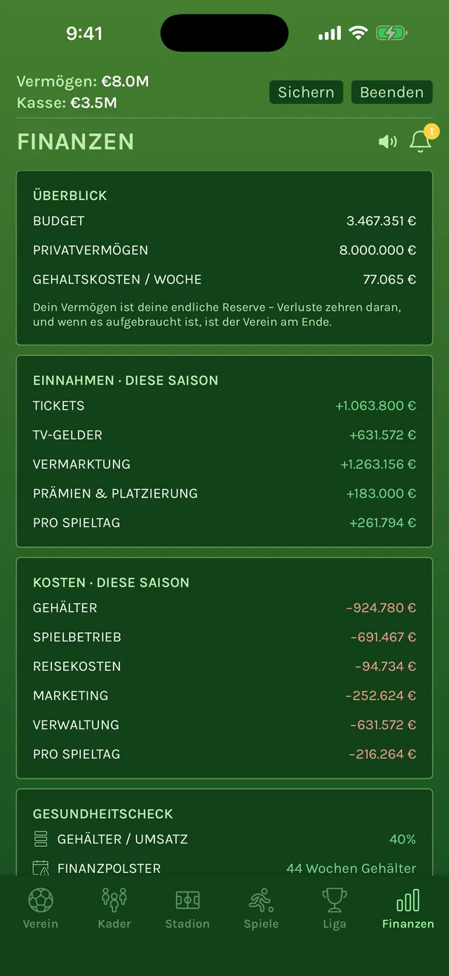 Finanzen mit Budget, Privatvermögen, wöchentlichen Gehaltskosten sowie Einnahmen und Kosten der Saison