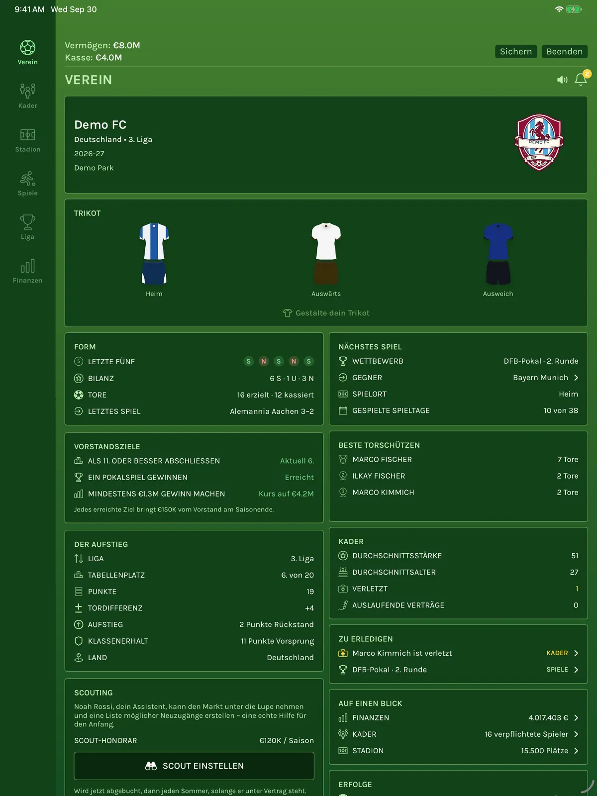 FC Architect auf dem iPad: die Vereinsübersicht in zwei Spalten mit Trikots, Form, Vorstandszielen und nächstem Spiel