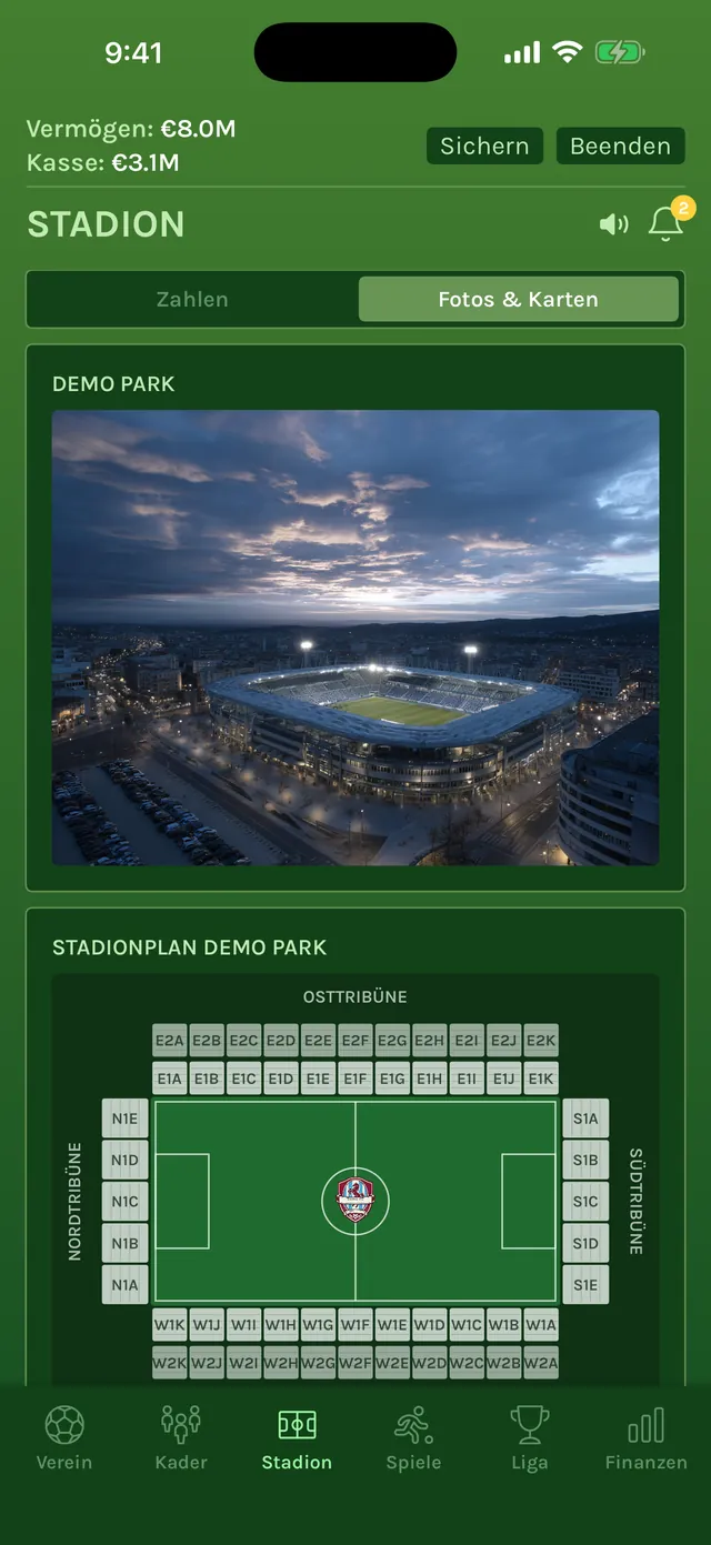 Stadion-Tab mit einem Foto des Stadions bei Nacht und dem Stadionplan mit allen Tribünen