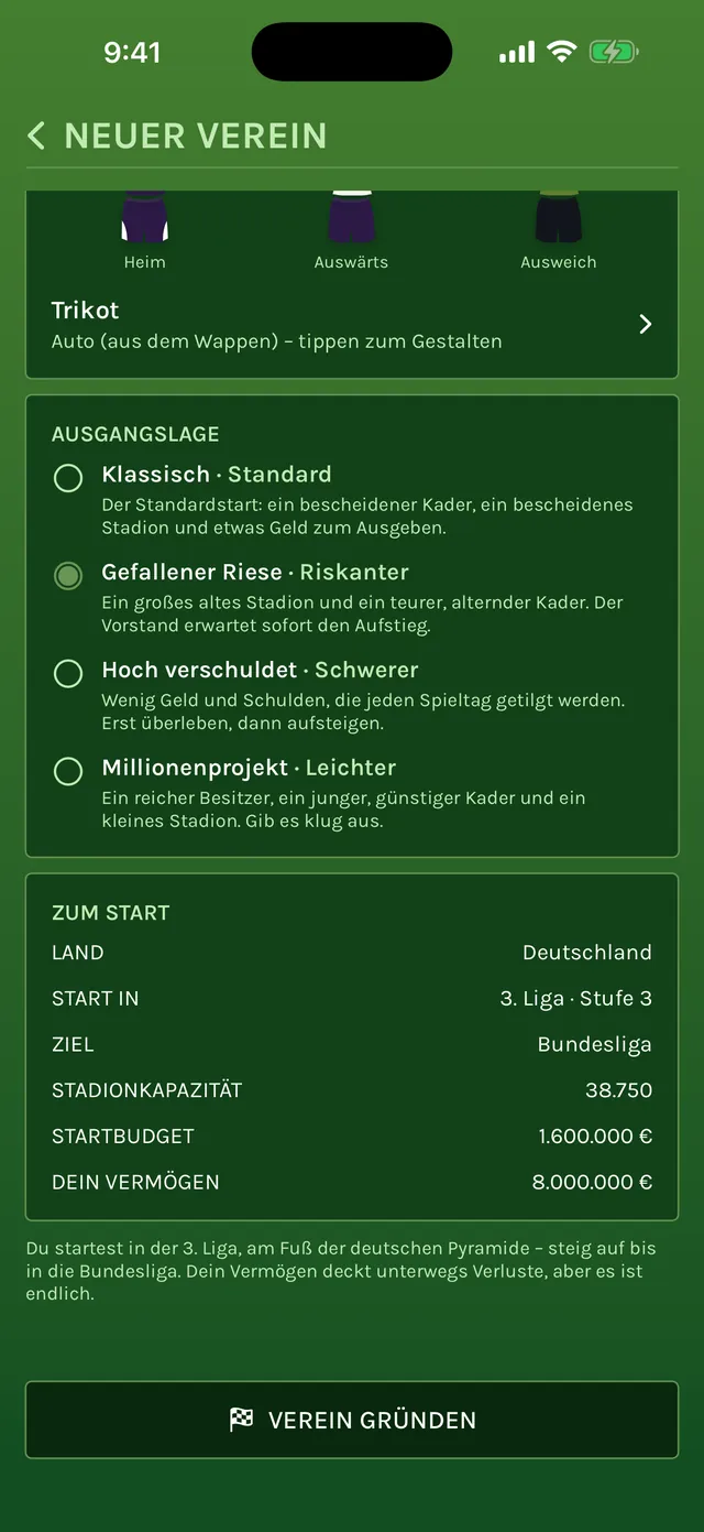 Neuer Verein mit den vier Ausgangslagen Klassisch, Gefallener Riese, Hoch verschuldet und Millionenprojekt, Start in Deutschland in der 3. Liga