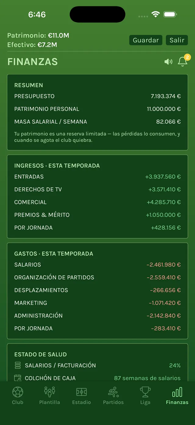 Pantalla de finanzas con el presupuesto, el patrimonio personal, la masa salarial semanal y los ingresos y gastos de la temporada