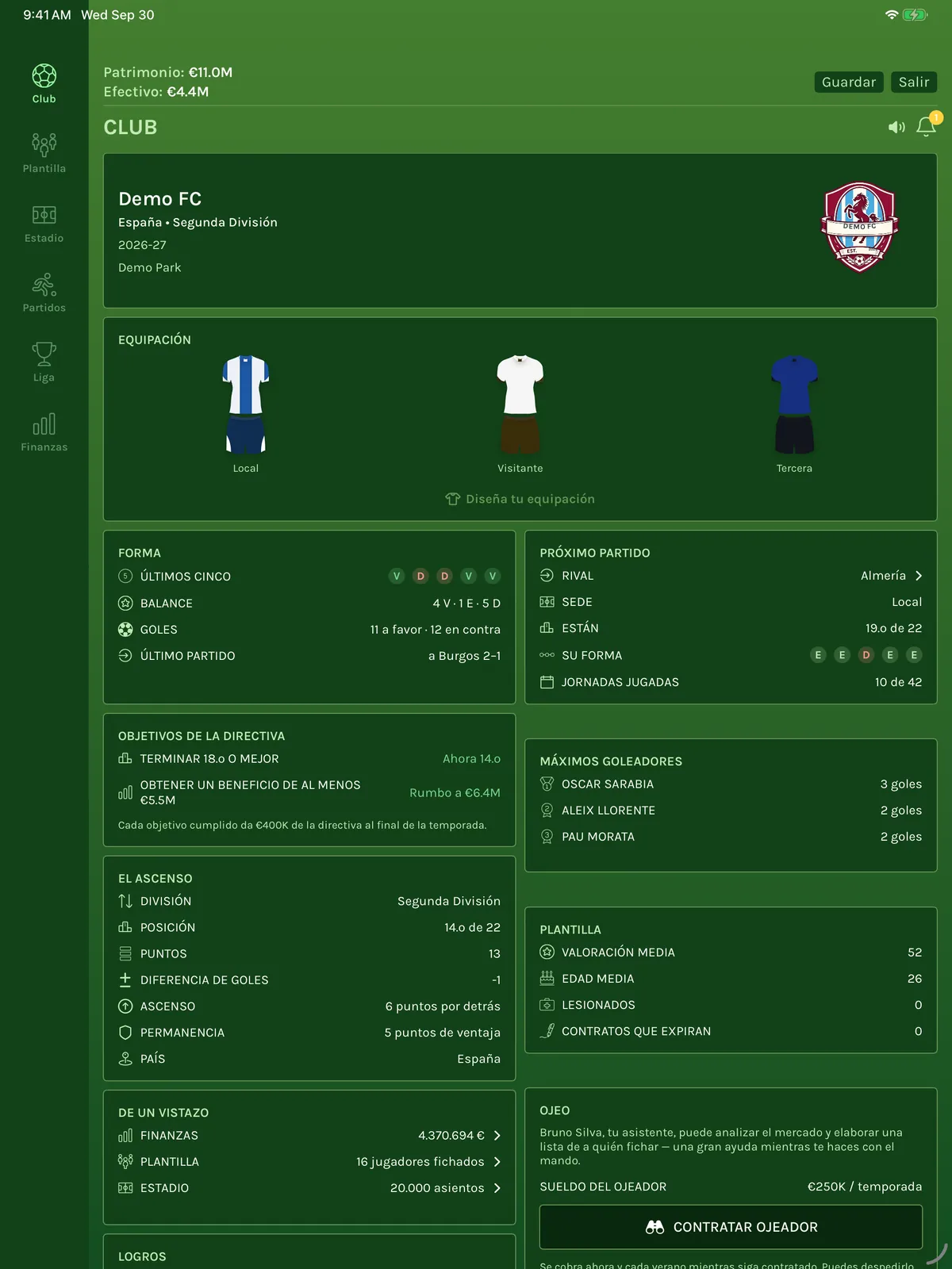 FC Architect en el iPad: la pantalla del club a dos columnas con las equipaciones, la forma, los objetivos de la directiva y el próximo partido