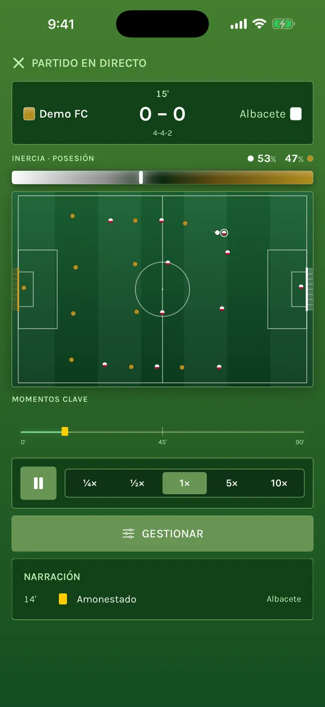 Partido en directo contra el Albacete: un campo 2D con los 22 jugadores como puntos, la barra de inercia y posesión, y los controles de velocidad