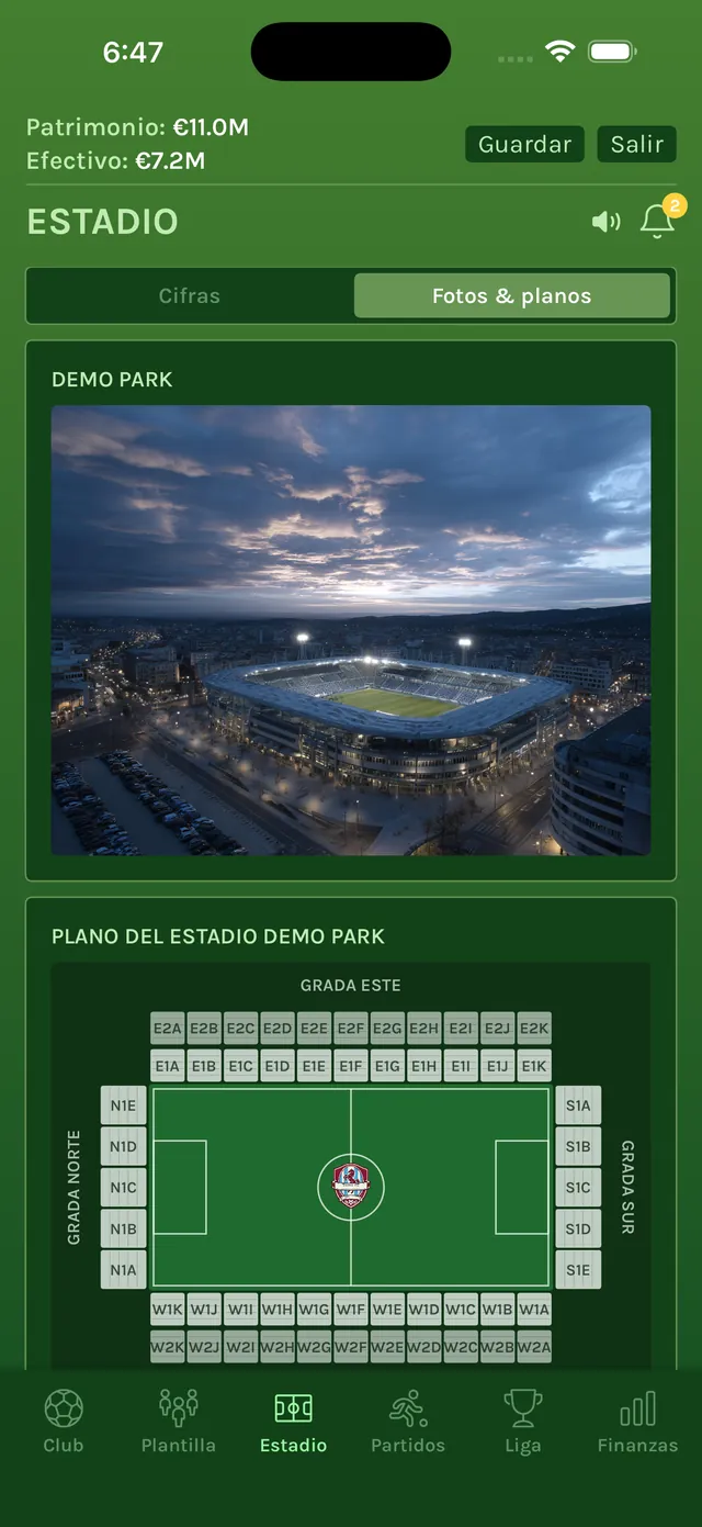 Pestaña del estadio con una foto del Demo Park al anochecer y su plano, grada a grada