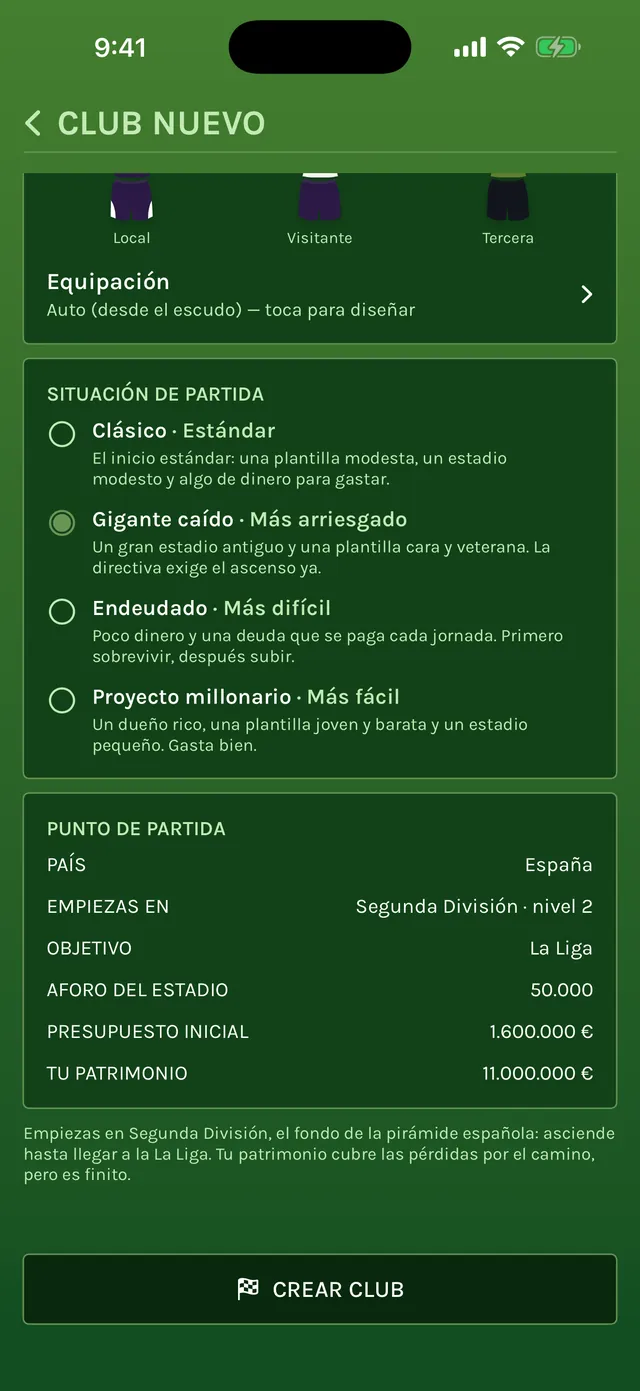 Pantalla de club nuevo con las cuatro situaciones de partida, Clásico, Gigante caído, Endeudado y Proyecto millonario, y un inicio en España en la Segunda División
