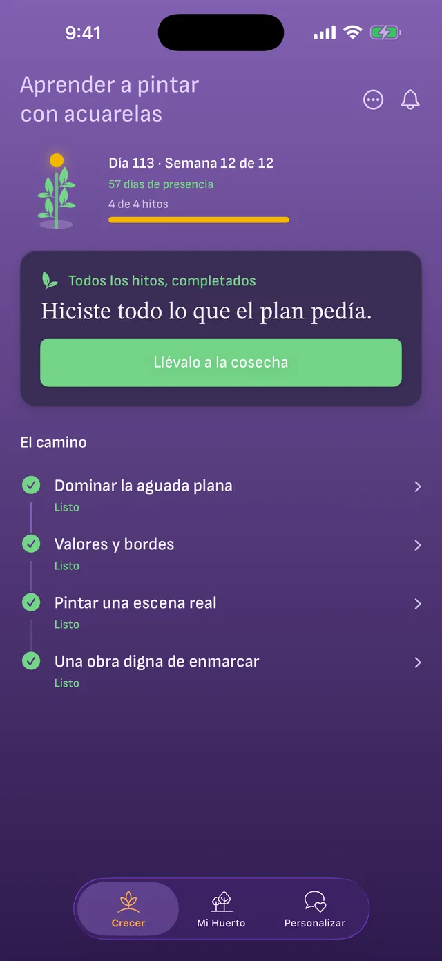Semana 12 de 12 con todos los hitos listos y el botón Llévalo a la cosecha