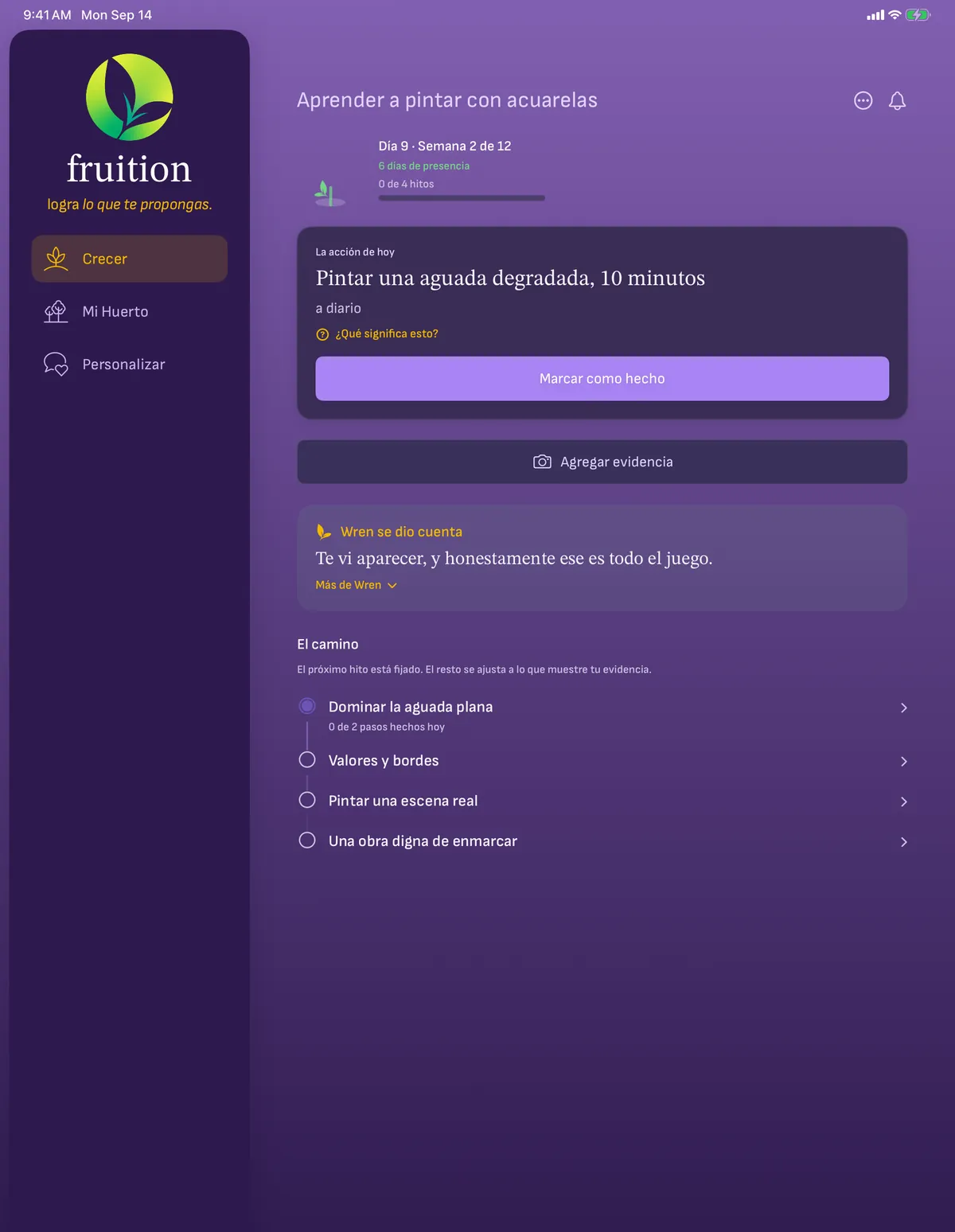 Fruition en iPad: la barra lateral con Crecer, Mi Huerto y Personalizar junto a la acción de hoy y el camino de hitos