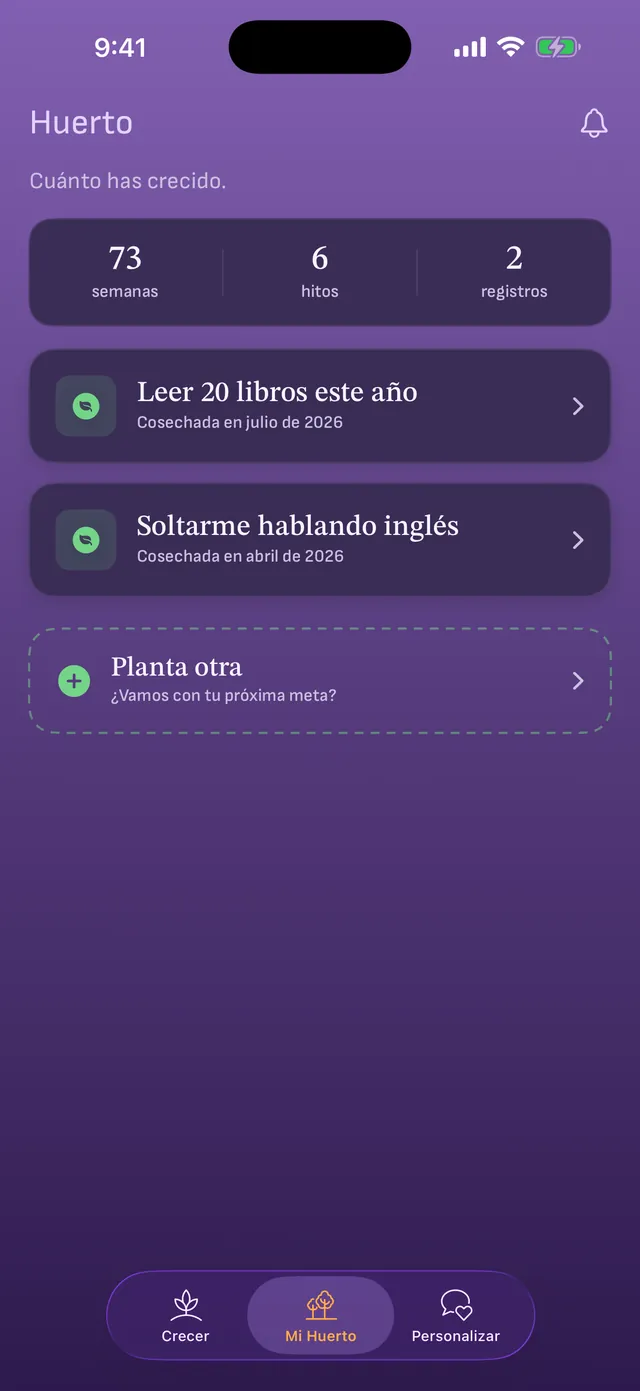 El Huerto con los totales de semanas, hitos y registros, dos metas cosechadas y el botón Planta otra