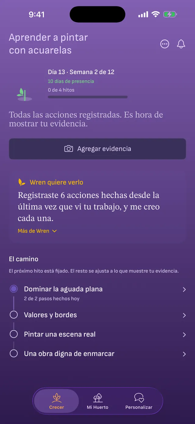 El coach pide ver tu trabajo después de seis acciones hechas, con el botón Agregar evidencia sobre el camino de hitos