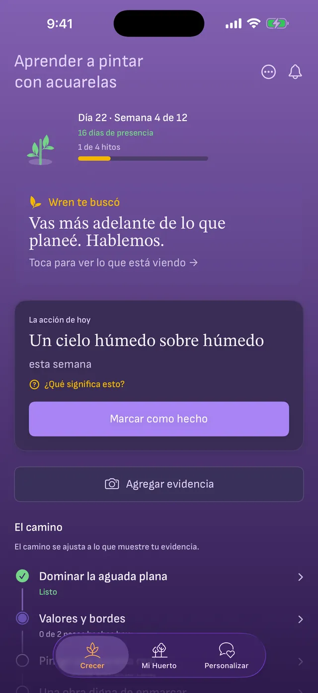 Un mensaje del coach, «Vas más adelante de lo que planeé. Hablemos.», sobre la acción de hoy