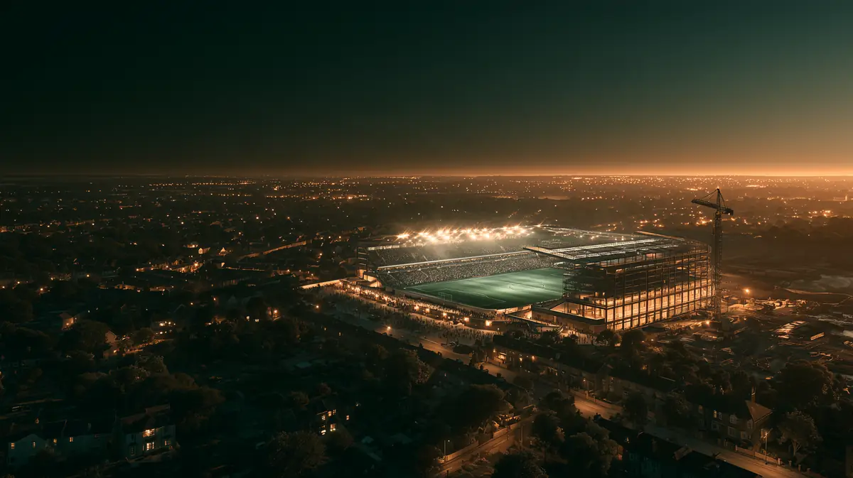 A floodlit football stadium at night on the edge of a town, one stand still under construction beside a tower crane, town lights stretching to a golden horizon