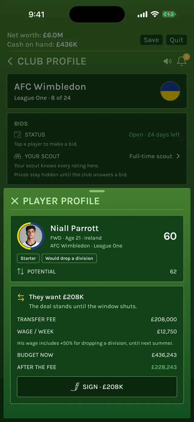 Bid sheet for a 21-year-old AFC Wimbledon forward rated 60 with potential 62: the club wants £208K, shown with his wage, the budget after the fee and a Sign button