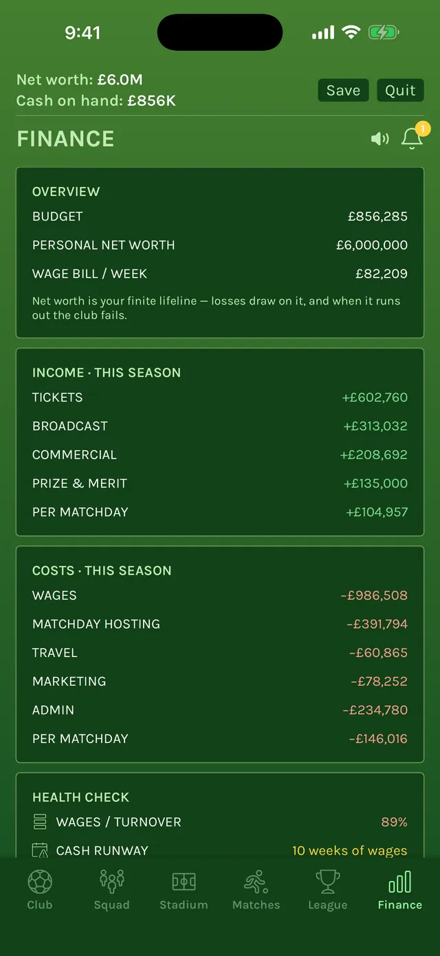 Finance screen with the budget, personal net worth, weekly wage bill, and the season's income and costs