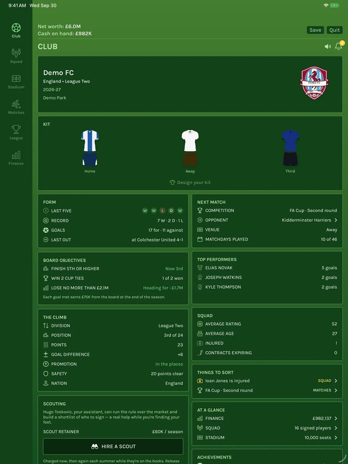 FC Architect on iPad: the club screen in two columns with the kits, form, board objectives and next match