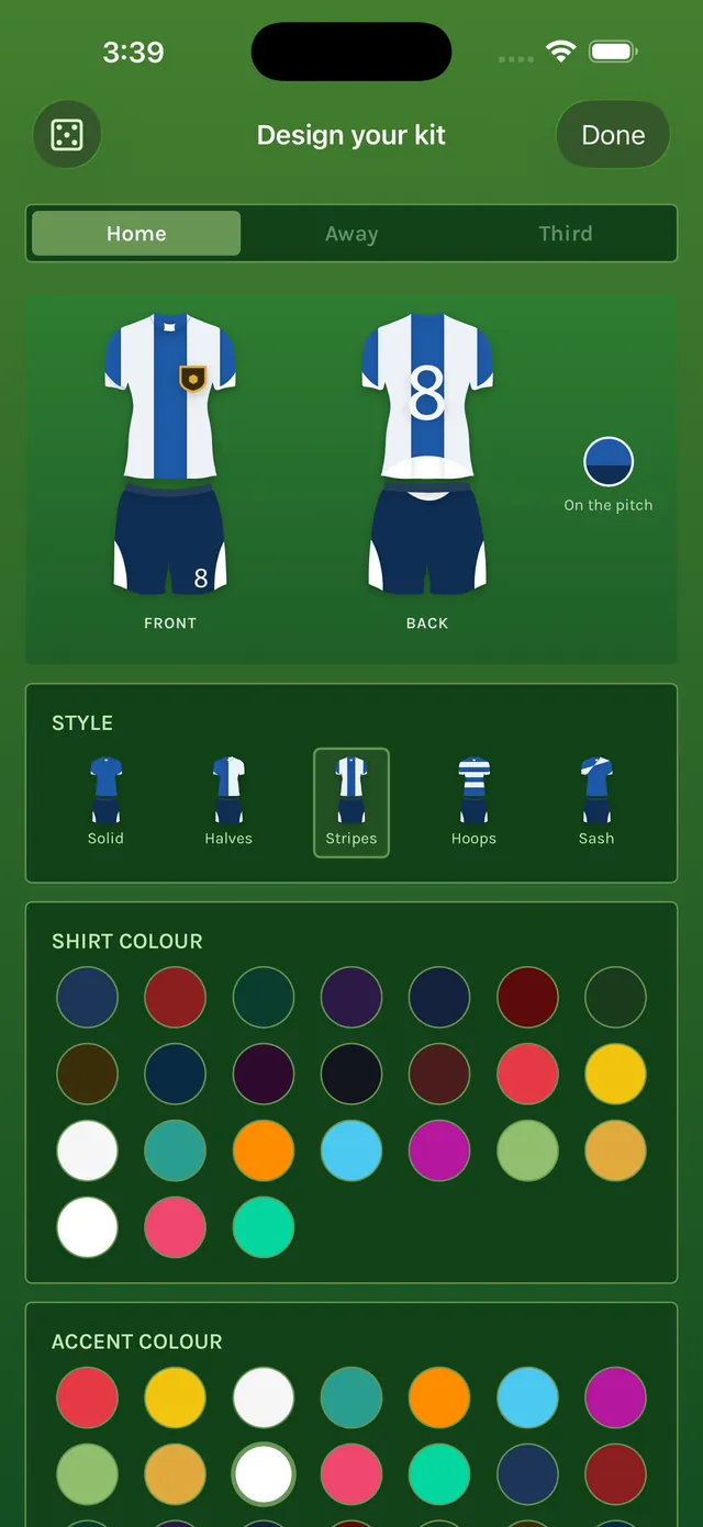 Kit designer with a striped home shirt shown front and back, and the style and colour pickers