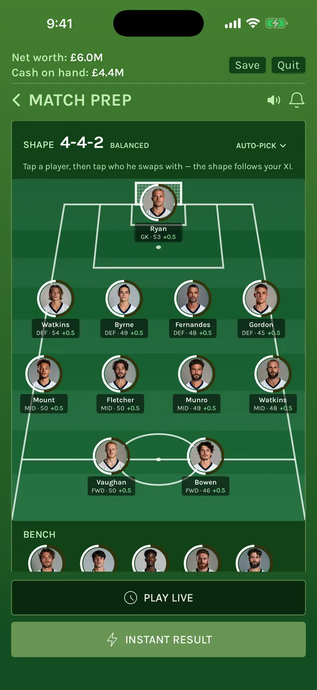 Match prep with a 4-4-2 on the pitch view, player portraits and ratings, and Play live and Instant result buttons