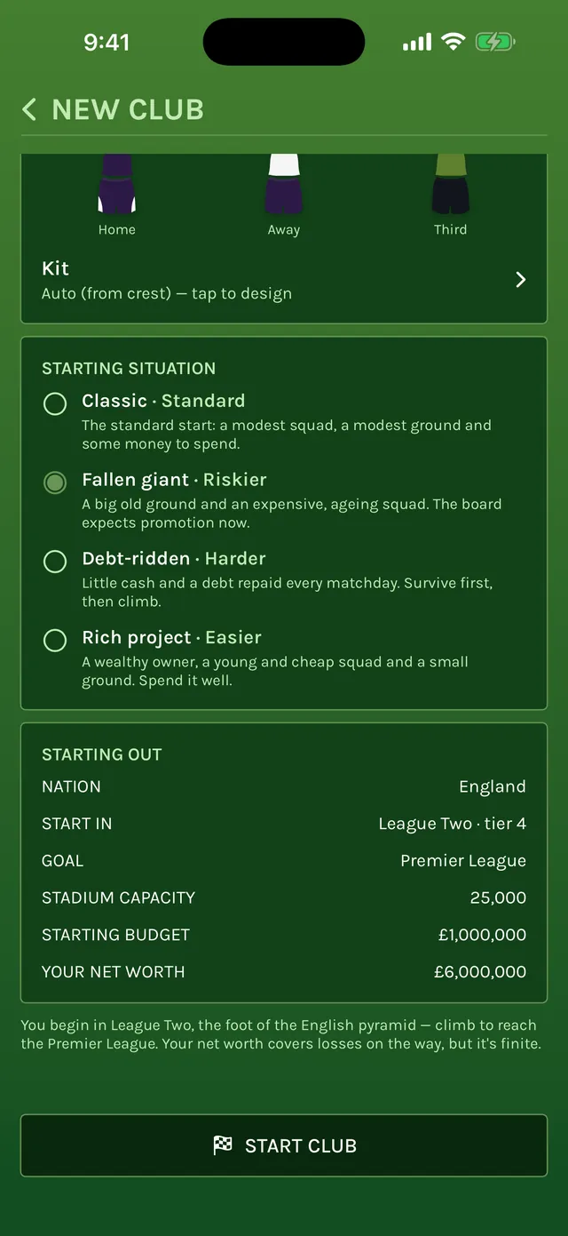 New club screen with the four starting situations: Classic, Fallen giant, Debt-ridden and Rich project