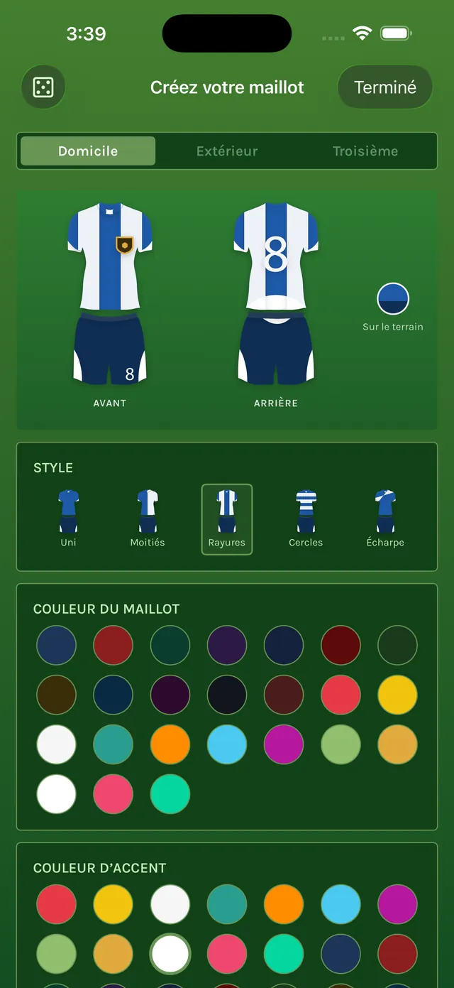 Éditeur de maillot avec un maillot domicile à rayures bleues et blanches vu de face et de dos, et le choix du style et des couleurs