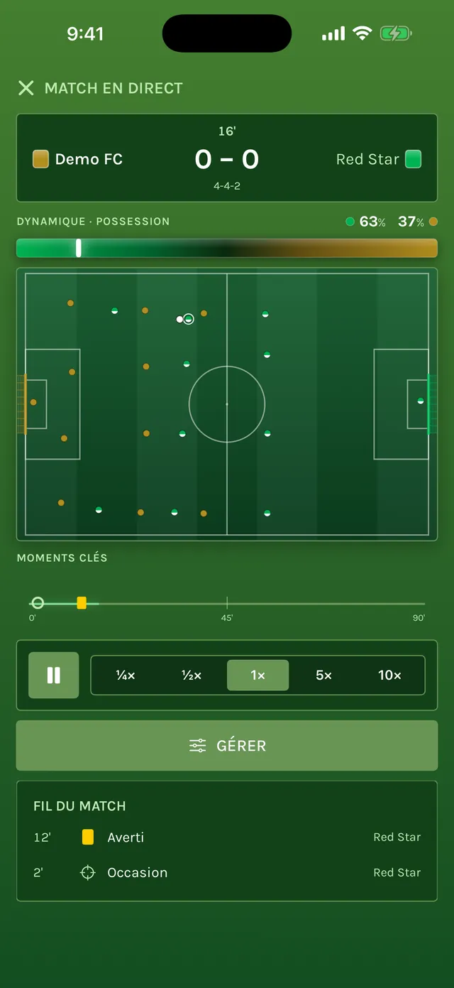 Match en direct contre le Red Star : terrain en 2D avec les 22 joueurs, la barre de dynamique et de possession, et les commandes de vitesse