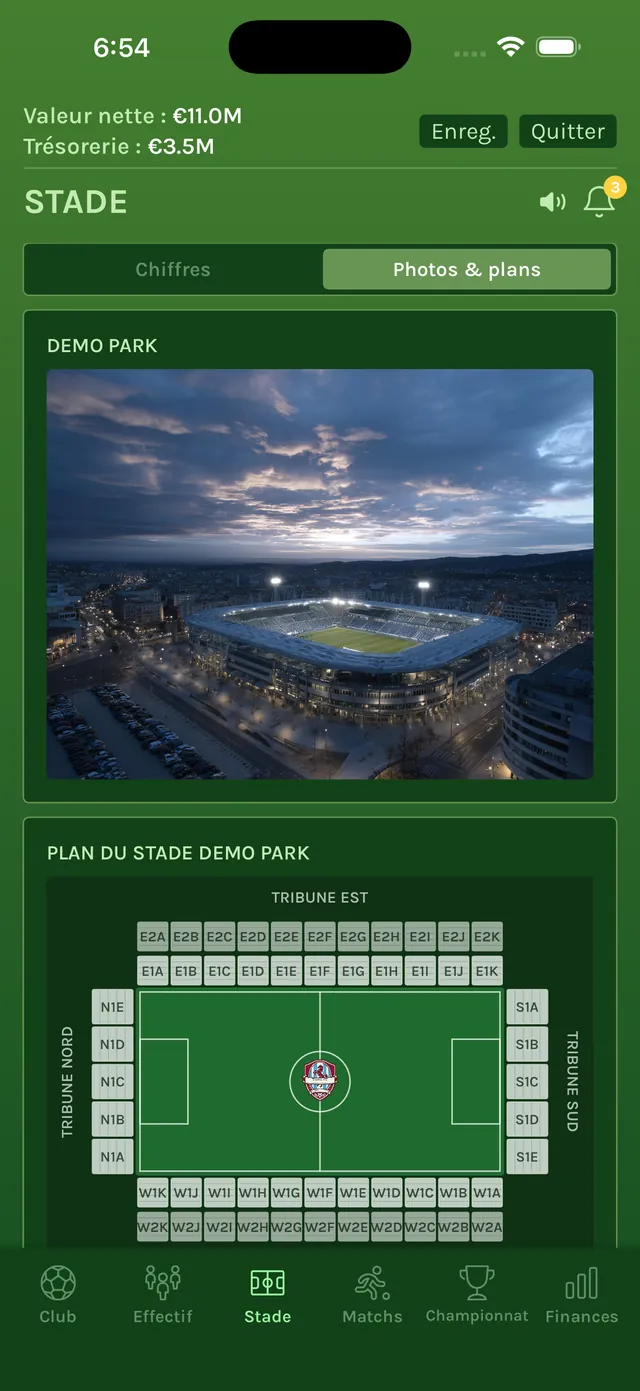Onglet Stade avec une photo du Demo Park à la tombée de la nuit et le plan du stade, tribune par tribune