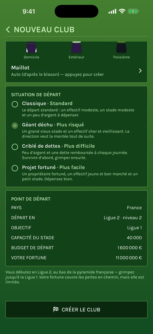 Écran Nouveau club avec les quatre situations de départ, Classique, Géant déchu, Criblé de dettes et Projet fortuné, et un départ en France en Ligue 2