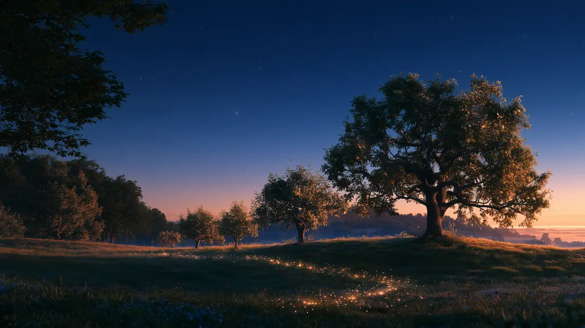 Young fruit trees on a hillside at dawn, growing taller from left to right toward a mature tree with golden fruit, a glowing path across the grass