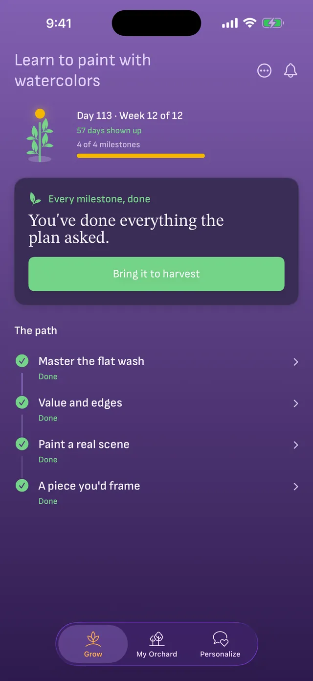 Week 12 of 12 with every milestone done and a Bring it to harvest button