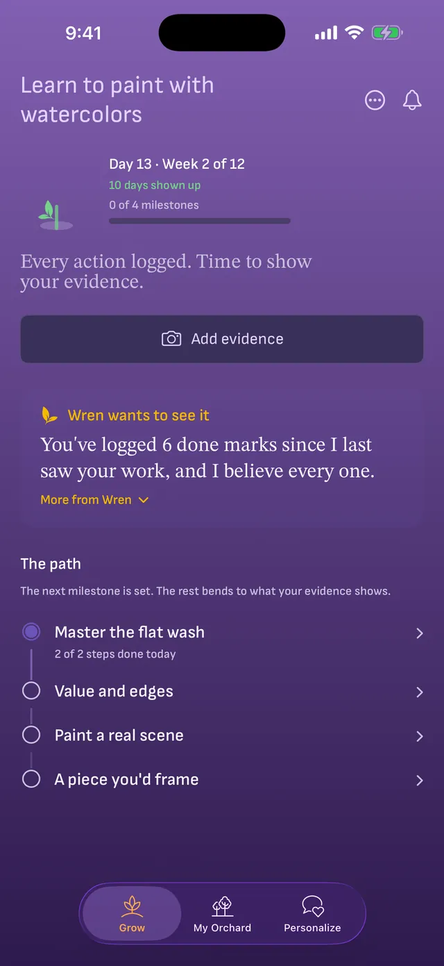 The coach asking to see your work after six completed actions, with an Add evidence button above the milestone path