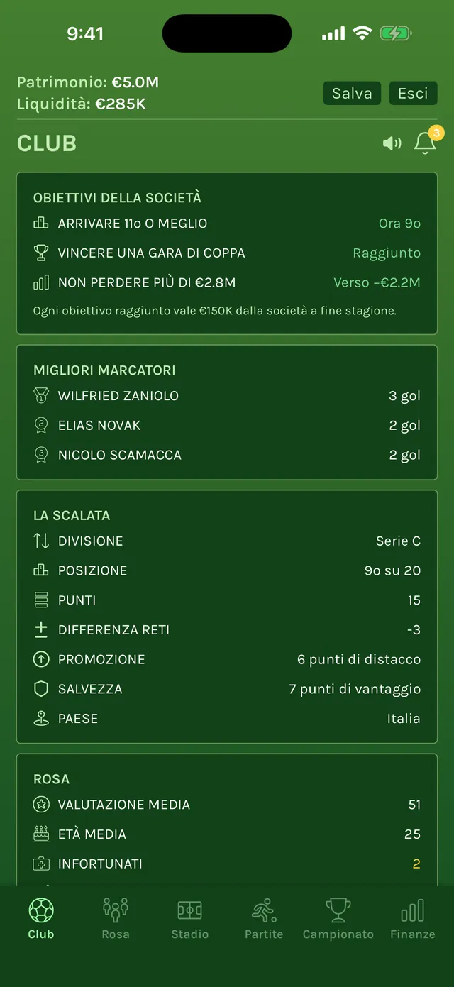 Schermata Club con gli obiettivi della società, i migliori marcatori e la scalata in Serie C: 9° su 20, a 6 punti dalla promozione