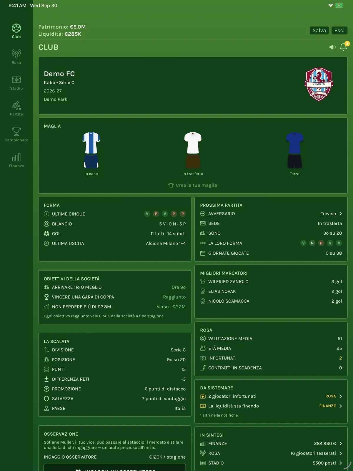 FC Architect su iPad: la schermata Club su due colonne con le maglie, la forma, gli obiettivi della società e la prossima partita