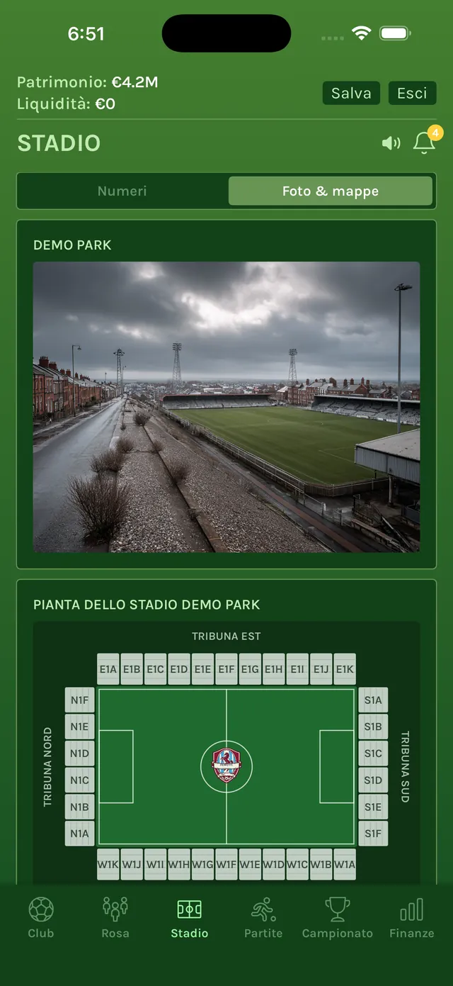 Scheda Stadio con una foto del Demo Park sotto un cielo grigio e la pianta dello stadio, tribuna per tribuna