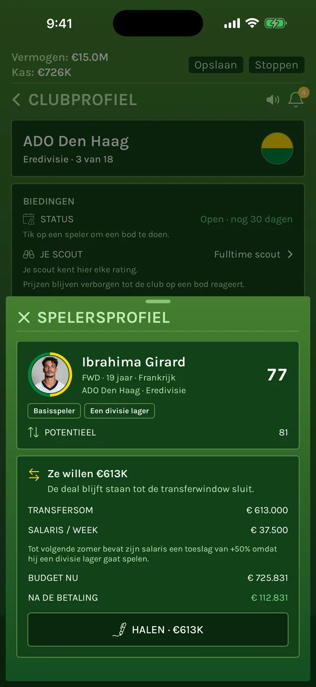 Spelersprofiel van een 19-jarige Franse aanvaller van ADO Den Haag, rating 77 en potentieel 81, met de labels Basisspeler en Een divisie lager. De club vraagt € 613.000; daaronder staan zijn salaris, het budget na de betaling en de knop Halen