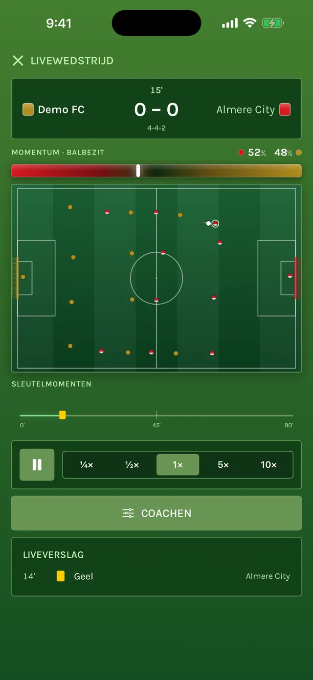 Livewedstrijd tegen Almere City: een 2D-veld met 22 spelers als stippen, de balk voor momentum en balbezit en de snelheidsknoppen