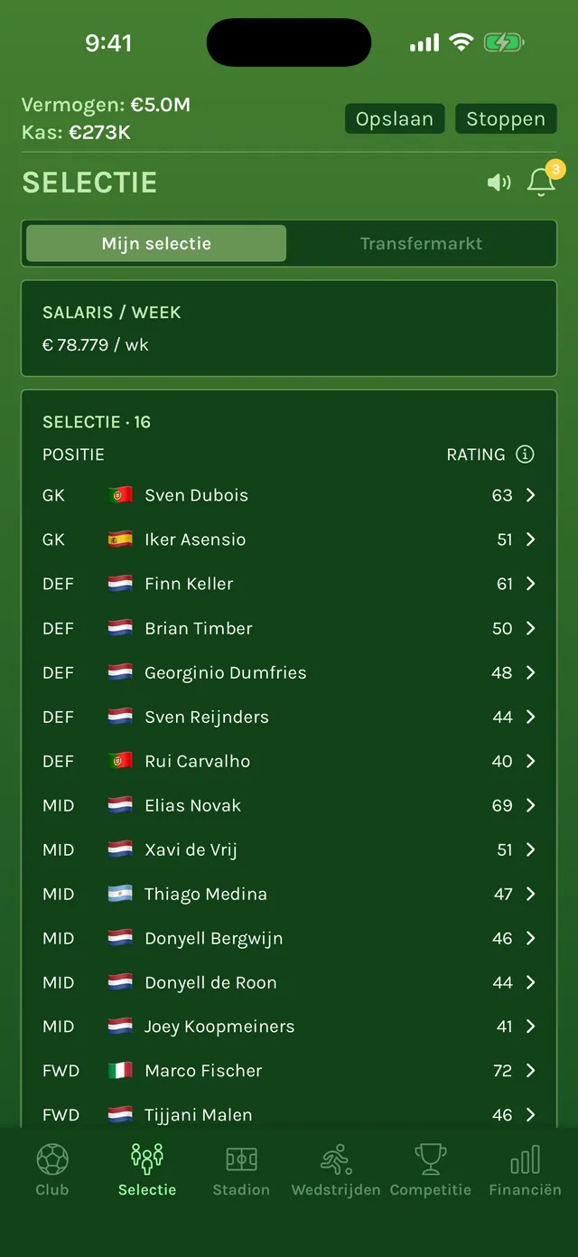 Selectiescherm met 16 spelers per positie, met nationaliteitsvlaggen en ratings, en de salarislast per week