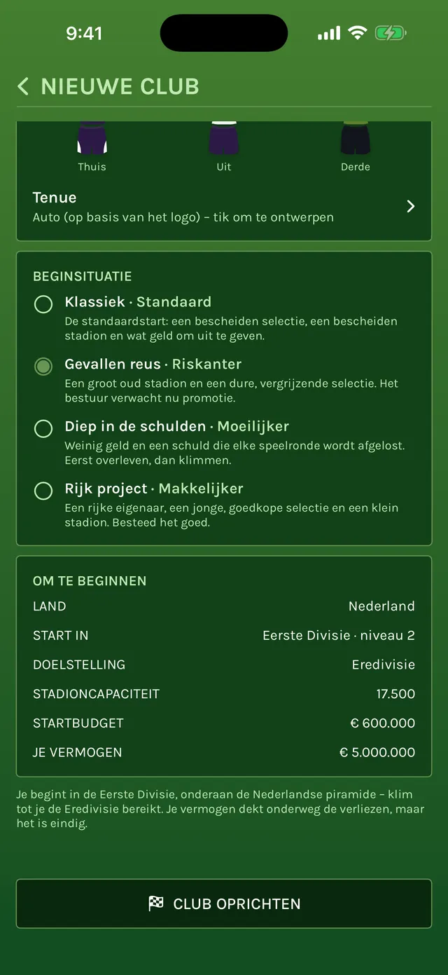 Scherm Nieuwe club met de vier beginsituaties Klassiek, Gevallen reus, Diep in de schulden en Rijk project, en een start in Nederland in de Eerste Divisie