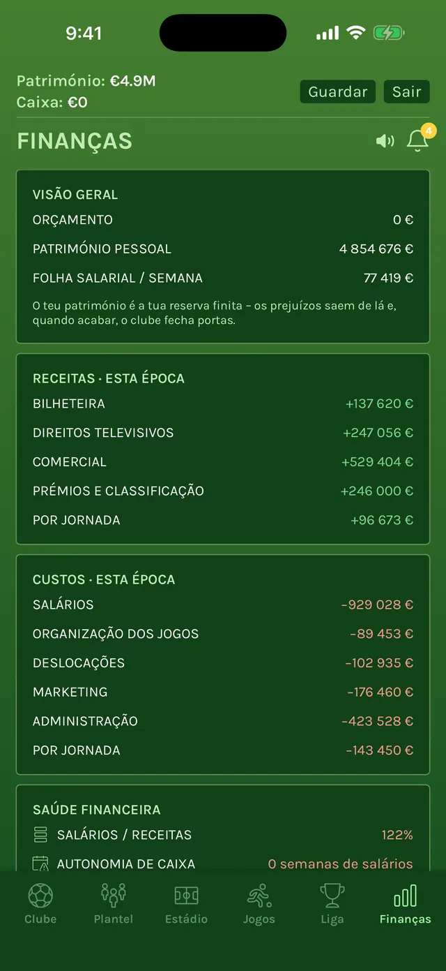 Ecrã Finanças com o orçamento, o património pessoal, a folha salarial semanal e as receitas e os custos da época